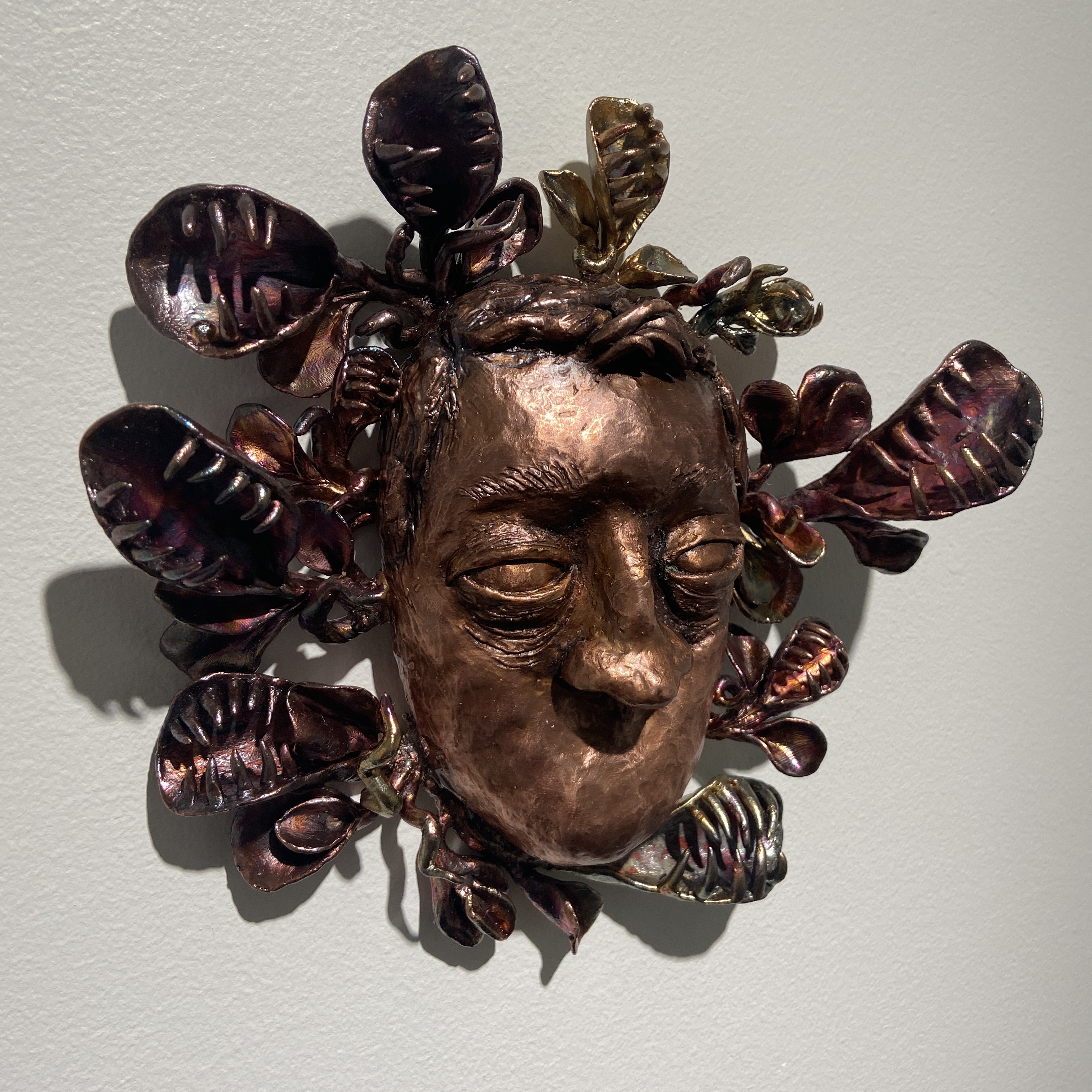 A bronze Medusa head with venus flytrap-like hair